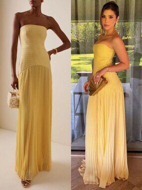 Alexis Sunniva Dress Yellow Pleated‎ Strapless Plissé Maxi Gown Size L